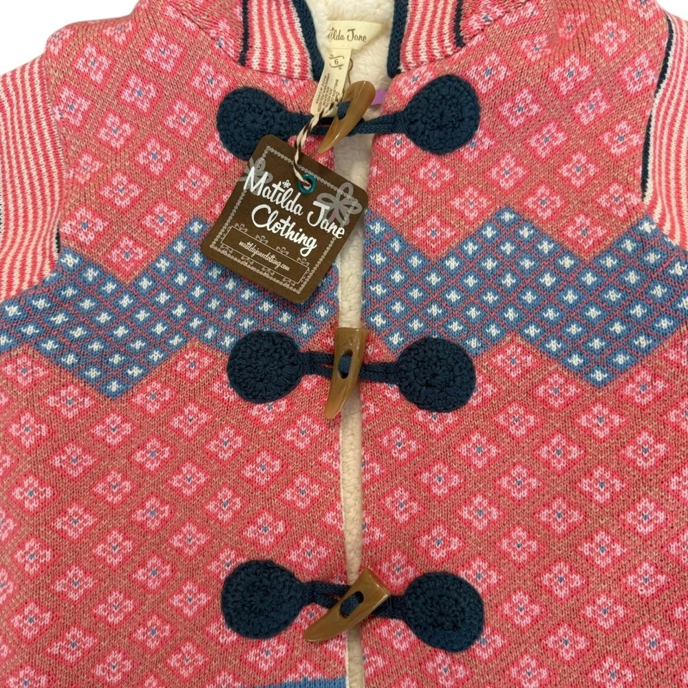 Matilda Jane Warm Hugs Girls Size 6 Pink Blue Fair Isle Sherpa Lined Hooded Vest